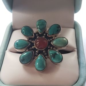 Sterling silver turquoise & carnelian ring - size 7